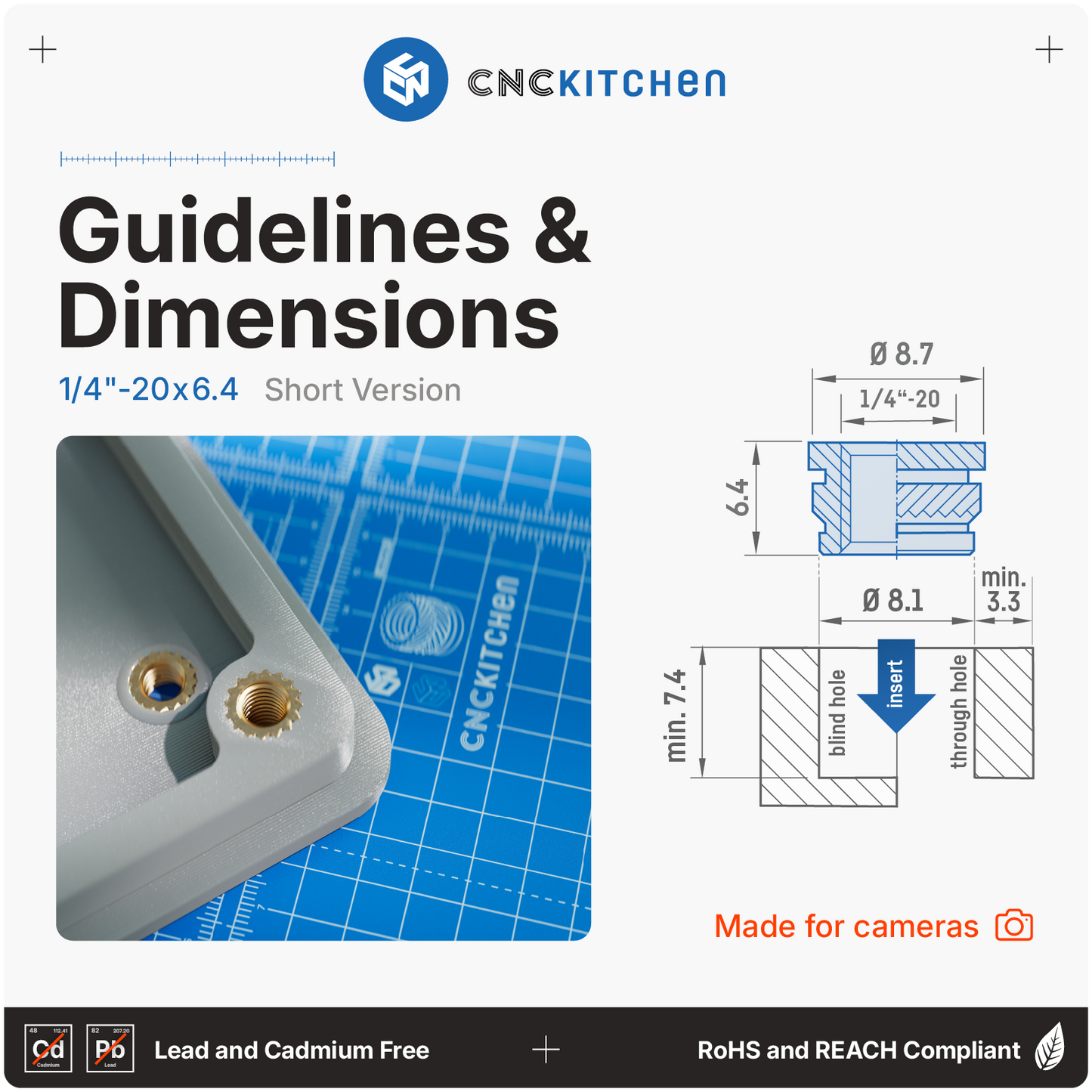 Heat Set Insert 1/4"-20x6.4 (Camera Thread, Short Version) - 20 pieces