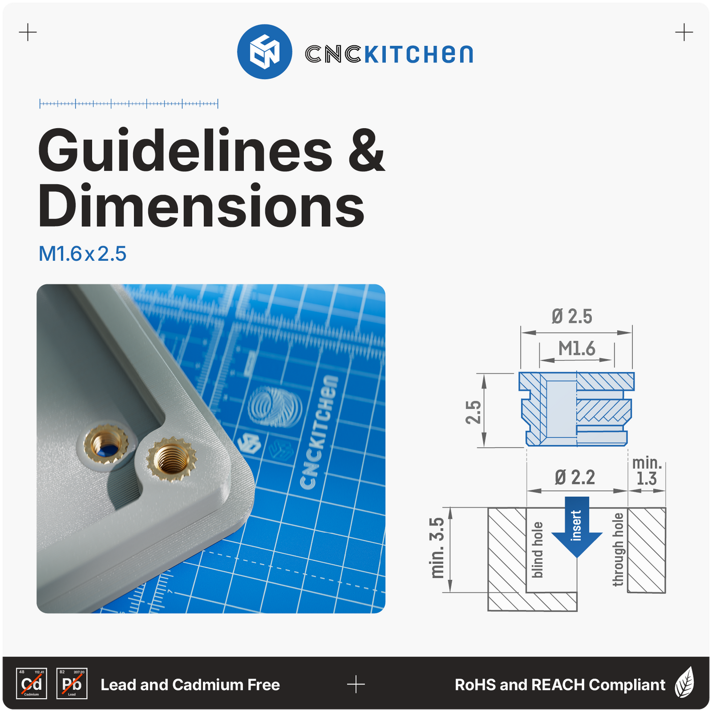 Heat Set Insert M1.6 x 2.5 - 100 pieces