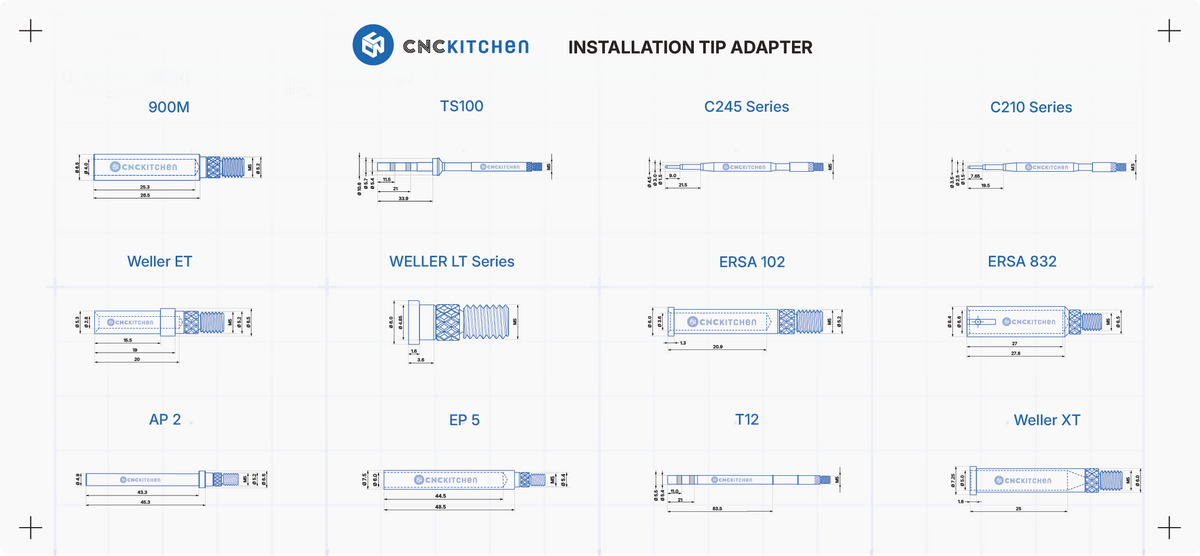 Installation tip adapter overview with dimensions