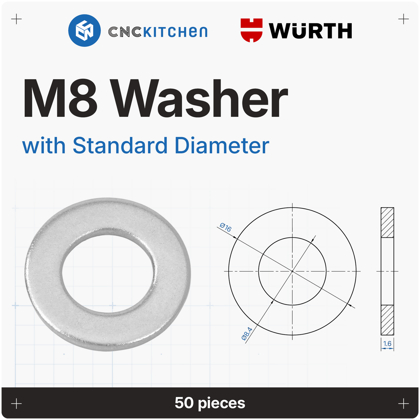 Washers with standard diameter, M2-M8